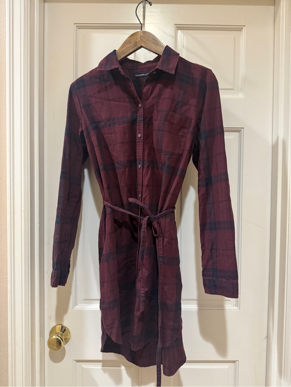 Abercrombie & Fitch Burgundy and Black Plaid Long-Sleeve Shirt Dress